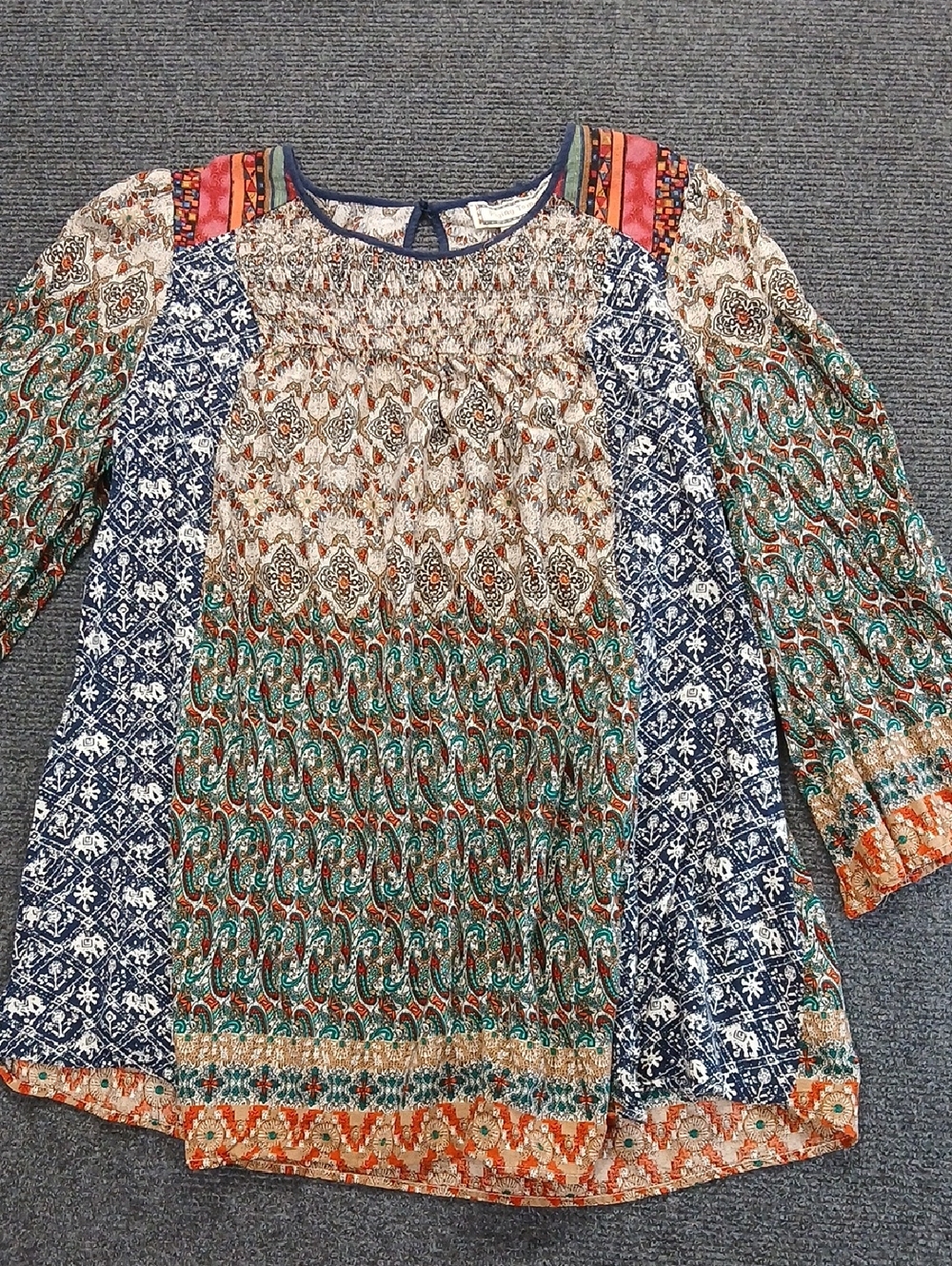 Flying Tomato Women's L/S Boho Mixed-Print Peasant Prairie Top Sz Medium